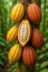 Cacao pods and cocoa beans on tree in rainforest with ripe and cut-open fruits in natural light. For chocolate packaging, botany books, food blogs, and travel blogs.