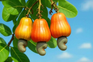 Ripe cashew fruits on tree branch with bright green leaves and blue sky background, detailed close-up. For food packaging, botanical guides, educational posters, and farming promotion.