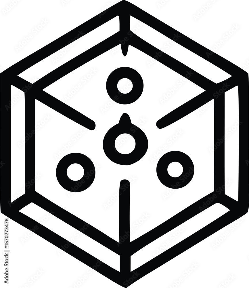 Poster stylized hexagonal geometric symbol featuring concentric circles and angular lines on a white backgr