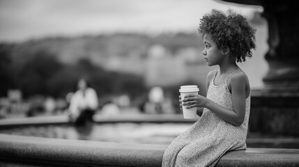 A girl enjoys coffee while watching children play by a fountain