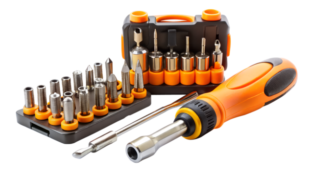 A versatile screwdriver set with various bits and an orange handle, isolated on transparent background