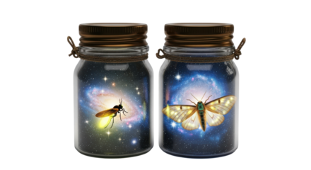 Firefly and Moth in Galactic Jars isolated on a transparent background galaxy nebula