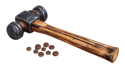 Aged Double Headed Hammer With Wood Handle And Metal Rivets On Transparent Background