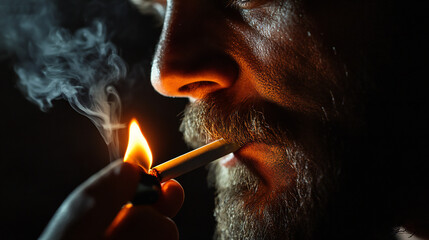 Fototapeta premium Man Lighting a Cigarette or Joint with a Lighter in Dark Setting