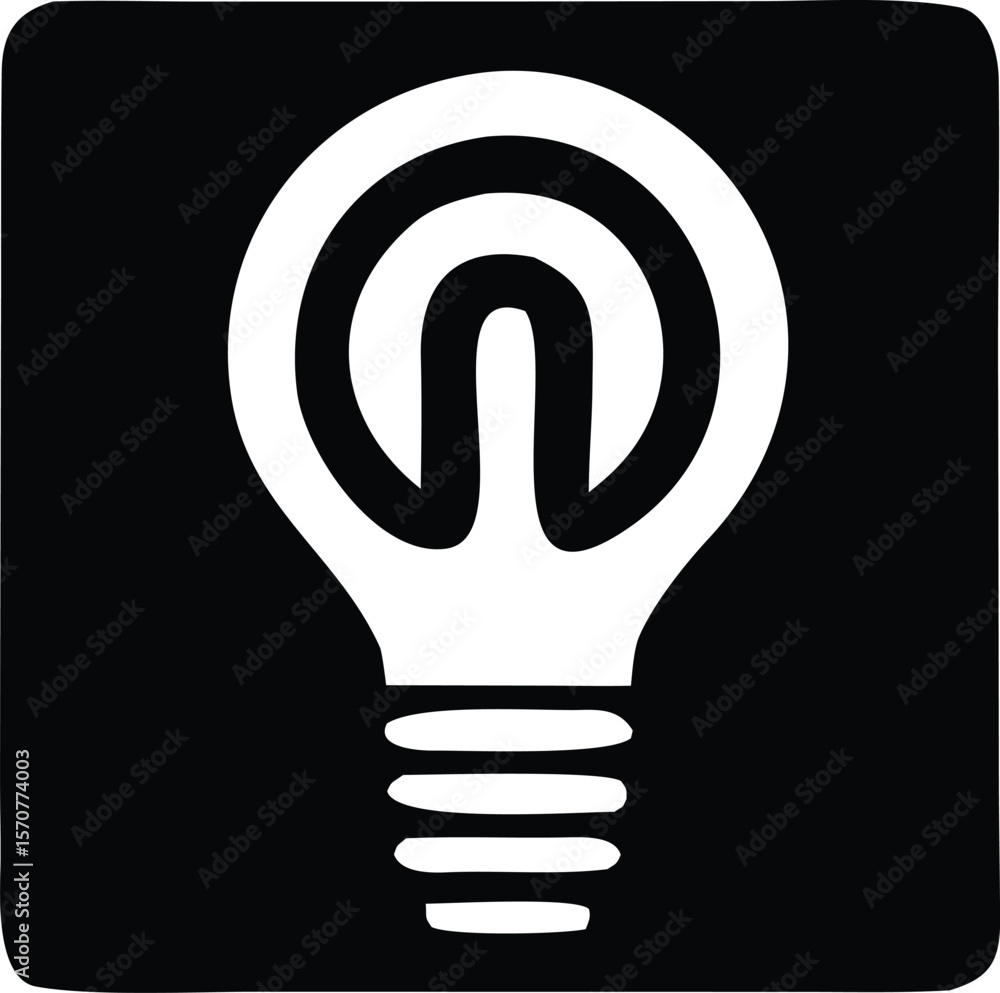 Poster abstract white light bulb silhouette with concentric curves and a threaded base on a black backgroun