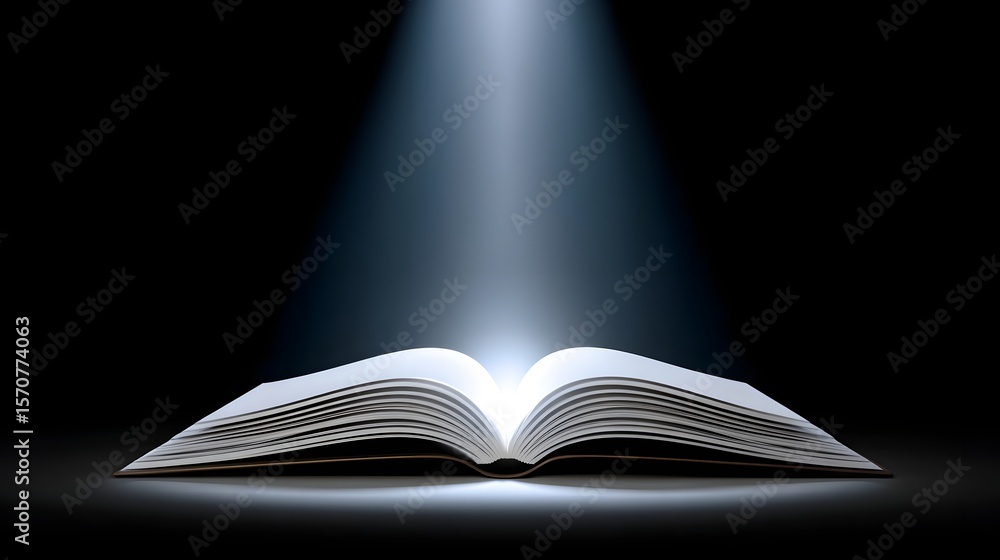 Poster an open book shines with the light of knowledge.