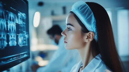 Young medical professional clinic analyzing digital dental x ray images with advanced technology alongside healthcare worker and doctor modern healthcare environment focused patient care - Powered by Adobe