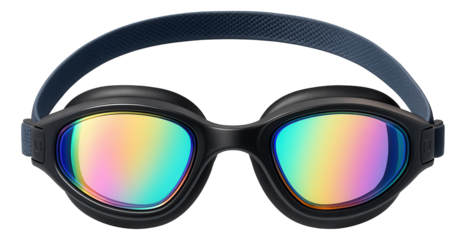 Swim goggles with rainbow tinted lenses and cushioned eye sockets