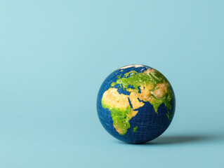 Fototapeta premium small globe model displaying continents on a blue background, highlighting Africa, Europe, and Asia.