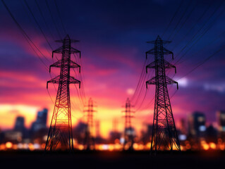High-voltage power lines silhouetted against a vibrant sunset sky with a blurred cityscape in the background.