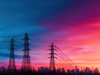 Power lines and electrical towers silhouetted against a vibrant sunset sky over a city skyline.