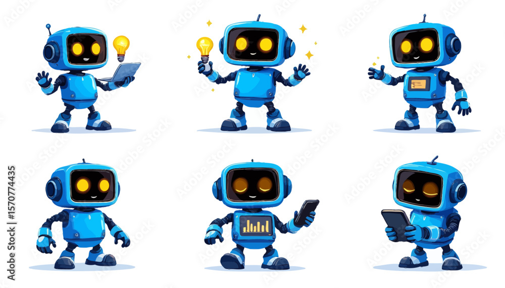 Poster a collection of six adorable blue cartoon robots, each displaying a unique pose and expression, isol