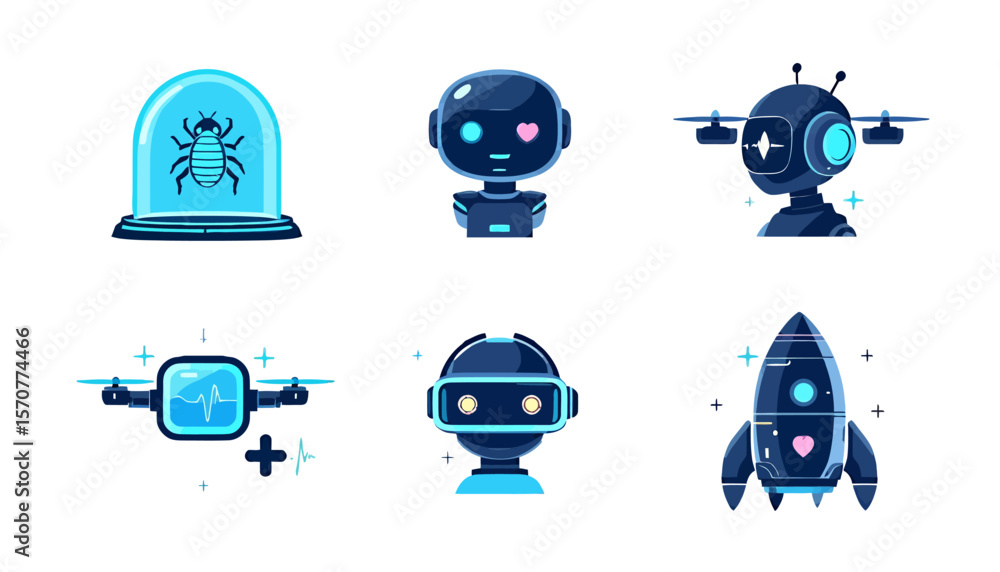 Aufkleber a collection of futuristic robot and drone designs, presented in a clean, modern vector graphic styl