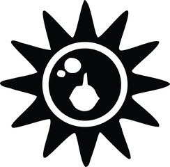 Stylized black and white sun icon with a face featuring two eyes and a smiling mouth radiating outward with sharp points