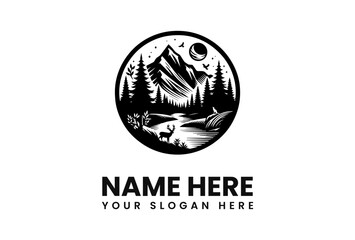 Circular emblem featuring a mountain landscape with a river, trees, deer, and a moon, depicted in black and white.
