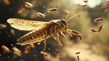A large insect in flight surrounded by smaller insects.
