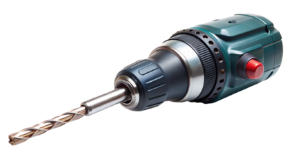 Closeup of a green and black cordless power drill with a metal bit, isolated on a white background