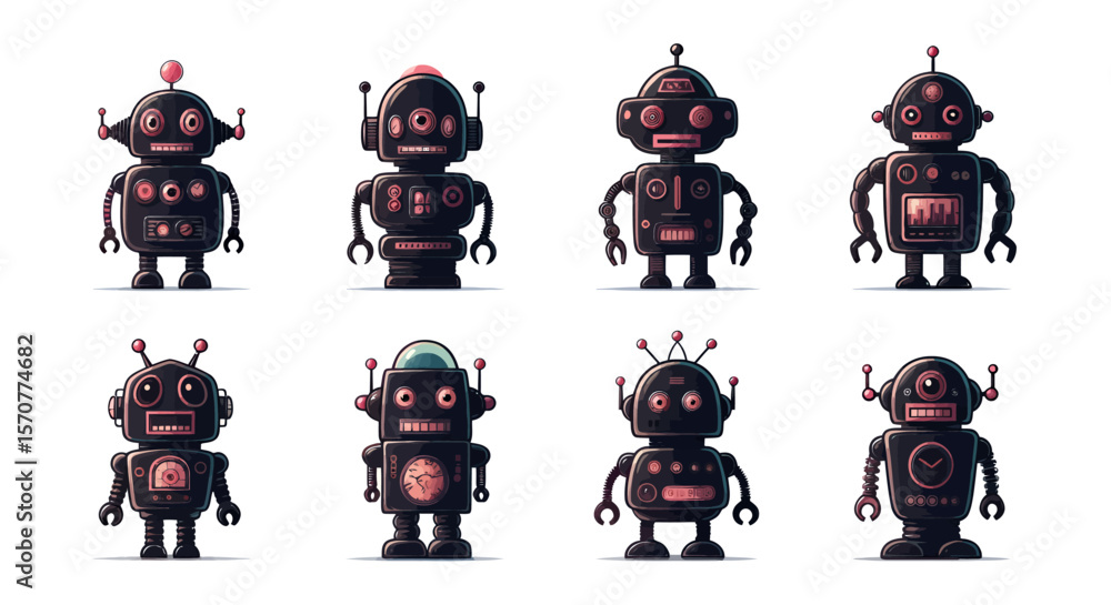 Aufkleber a collection of eight cartoon robots, each with a unique design and expression, stand against a whit