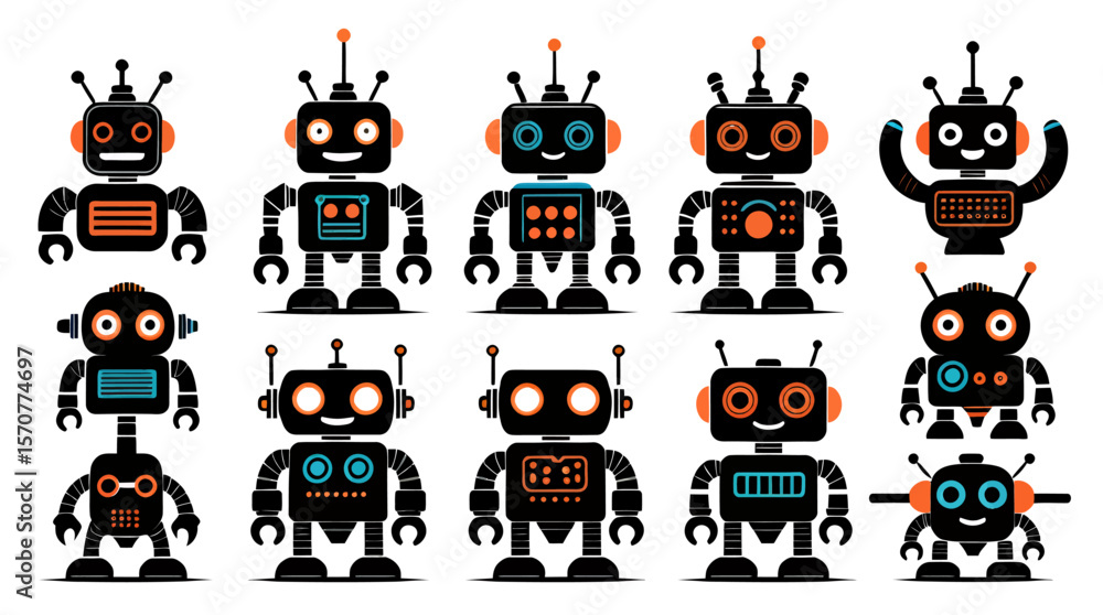 Poster friendly cartoon robot character performing various tasks like working on a laptop, painting, and us