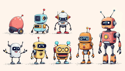 Fototapeta premium A diverse collection of cute, friendly cartoon robots with unique designs and personalities, showcasing futuristic technology and artificial intelligence.
