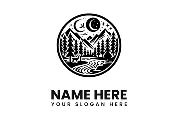 Circular illustration of a mountain landscape with a river, forest, deer, moon, stars, and airplane.