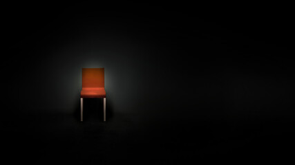 A solitary chair with a reddish-brown seat and backrest emerges from the shadows of a darkened room, minimalist artwork for themes like identity, decision making or inner strength.