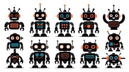 Friendly cartoon robot character performing various tasks like working on a laptop, painting, and using a smartphone.