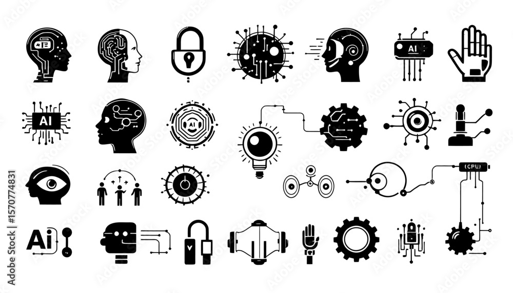 Poster a set of abstract vector icons illustrating concepts of artificial intelligence, machine learning, a