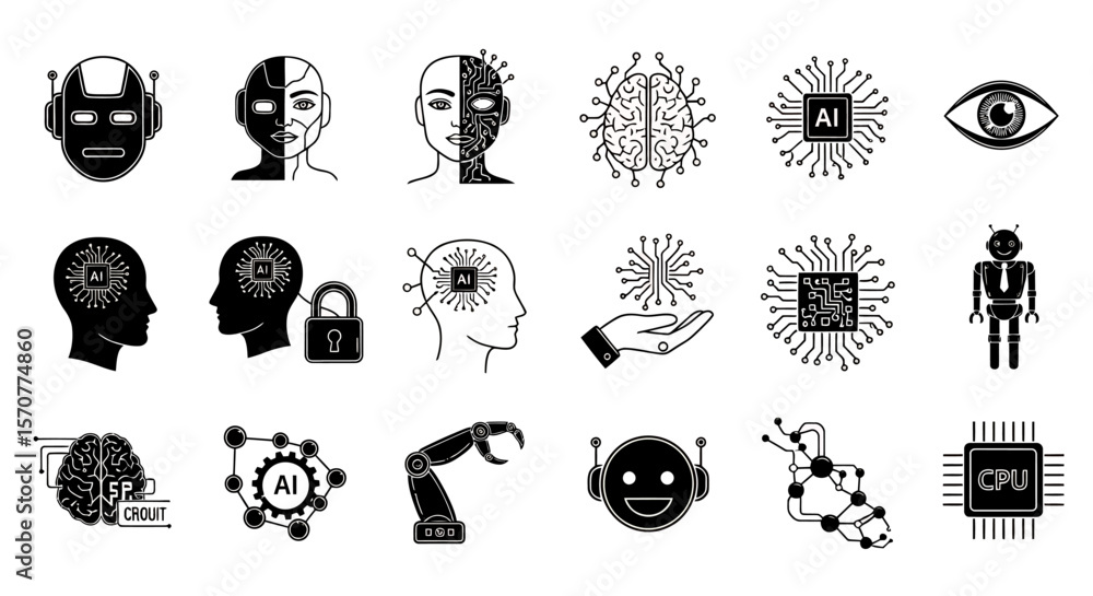 Poster a comprehensive set of modern black and white vector icons depicting artificial intelligence, roboti
