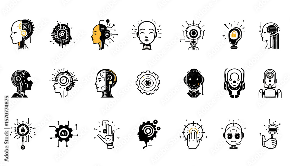 Fototapete a collection of stylized ai-themed icons, showcasing artificial intelligence concepts, robotics, and