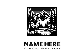 A majestic deer stands peacefully in a black and white illustration of a serene mountain landscape, framed by a square border.