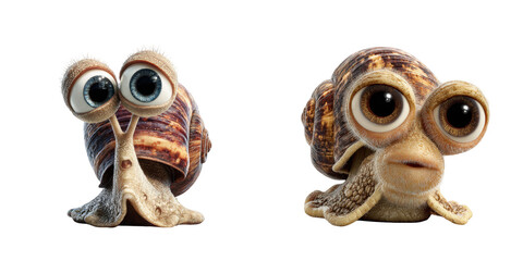 Fototapeta premium Two animated snails with large eyes and shells against a black background view