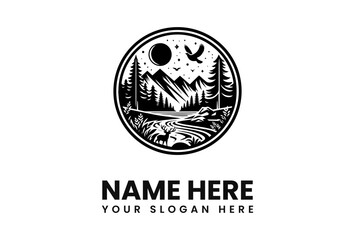 Nocturnal mountain landscape logo design featuring a deer, eagle, and moonlit forest.