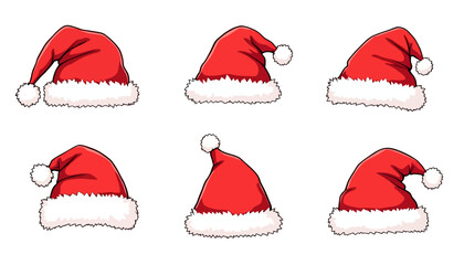 Six variations of a classic Santa hat are presented in this high-quality PNG image set, perfect for festive designs and Christmas projects needing a cheerful, iconic touch.