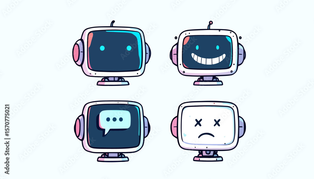 Poster cute retro computer robot characters displaying different emotions and communication icons, isolated