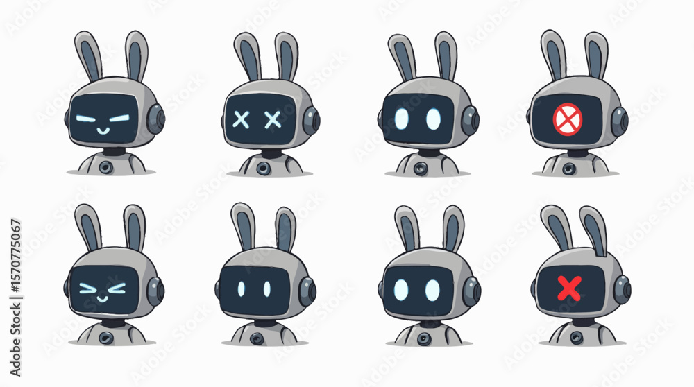 Poster a collection of cute cartoon robot heads with bunny ears displaying a wide range of digital emotions