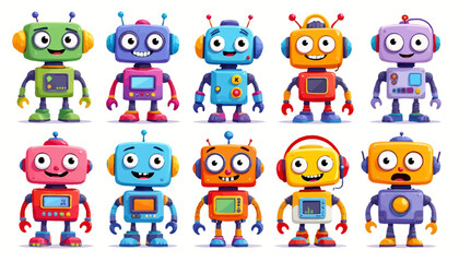 Fototapeta premium A collection of ten diverse, colorful, and friendly cartoon robots with unique expressions and designs, presented against a clean white background.