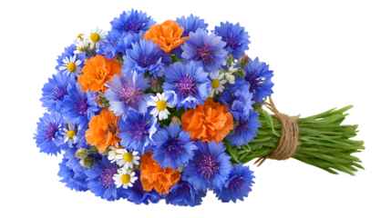 Beautiful Floral Arrangement Featuring Blue Flowers, Orange Blooms, and White Daisies