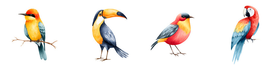 Fototapeta premium Watercolor Tropical Birds Collection - Colorful Exotic Bird Illustrations on White
