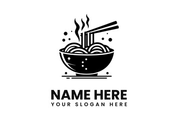 Black and white logo featuring a bowl of steaming noodles held by chopsticks, with text below.