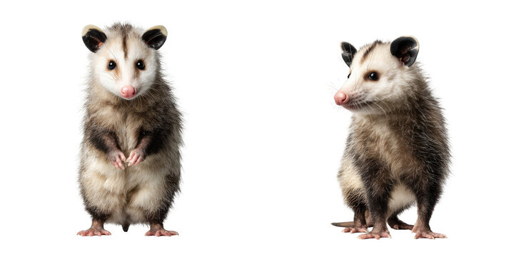 Two opossums standing upright against a black background looking at the viewer
