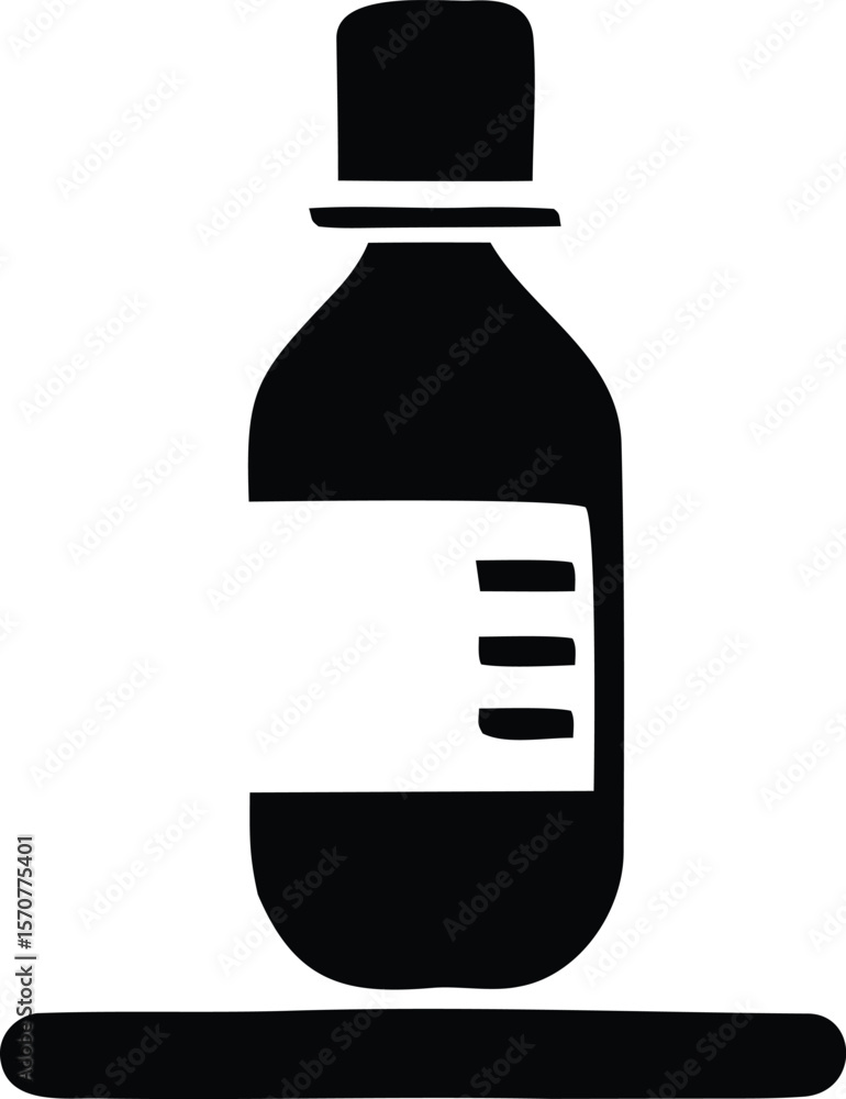 Poster simple black icon of a medicine bottle with a label and three horizontal lines standing on a flat su