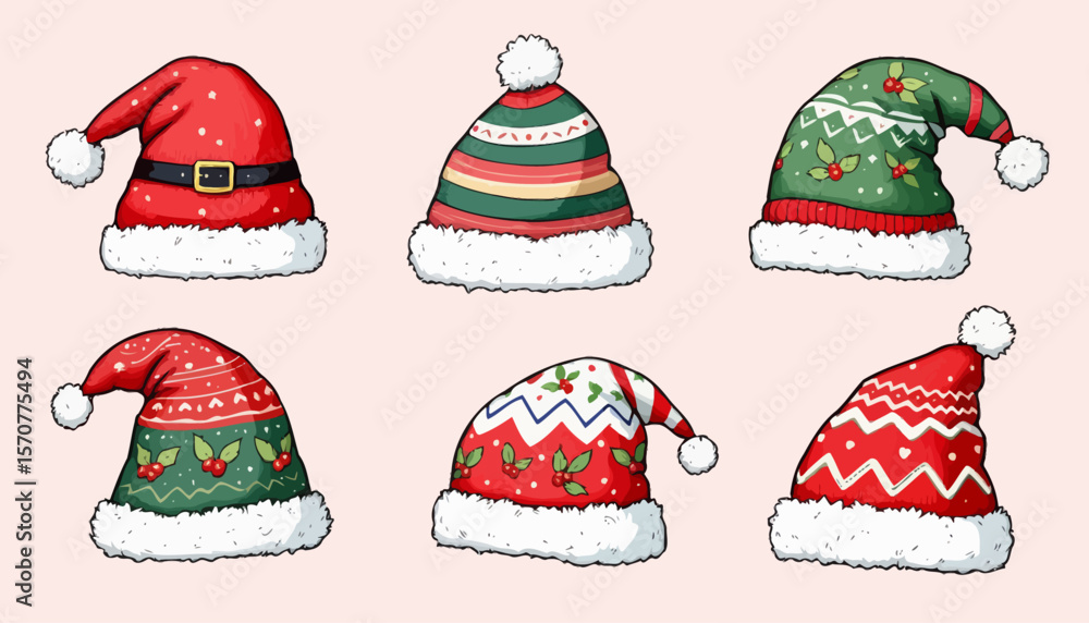 Poster a festive collection of six unique santa hats, each with its own distinct design and color palette, 