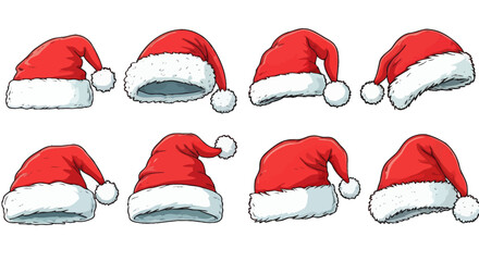 A collection of eight vibrant red cartoon Santa hats with fluffy white trim and pom-poms, perfect for festive holiday designs and graphic projects.
