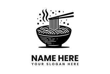 A bowl of steaming noodles with chopsticks, presented in a black and white graphic illustration.