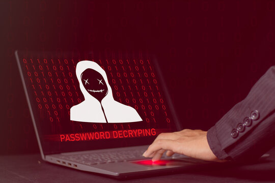 A man is working on a laptop, Security password decrypting login online data protection. password decrypting displayed on the screen.