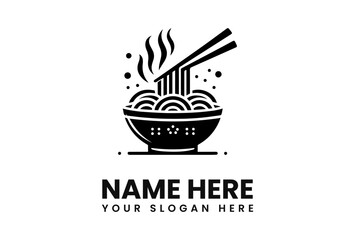 Black and white illustration of a bowl of steaming noodles held by chopsticks.