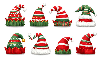 Festive collection of colorful Christmas elf hats in various striped and patterned designs, isolated on a white background, perfect for holiday-themed graphics and designs.
