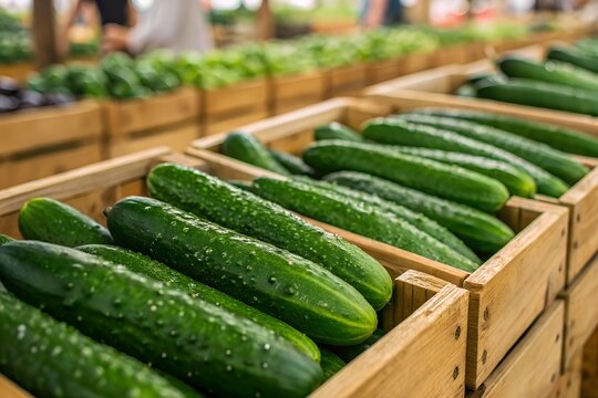 Fresh cucumbers arranged in wooden crates at a local market, showcasing vibrant green colors and water droplets after a recent wash