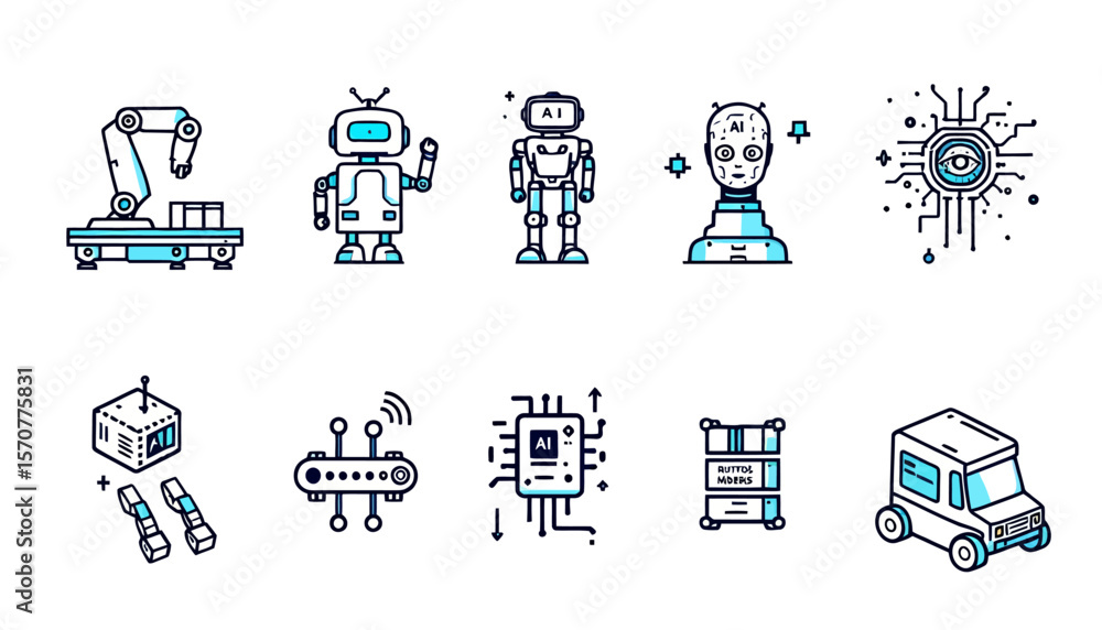 Fototapete a collection of pixel art style robots and technology icons, rendered with a clean, minimalist aesth